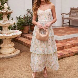 Vici Ethereal Bloom Tiered Embroidered Midi Dress